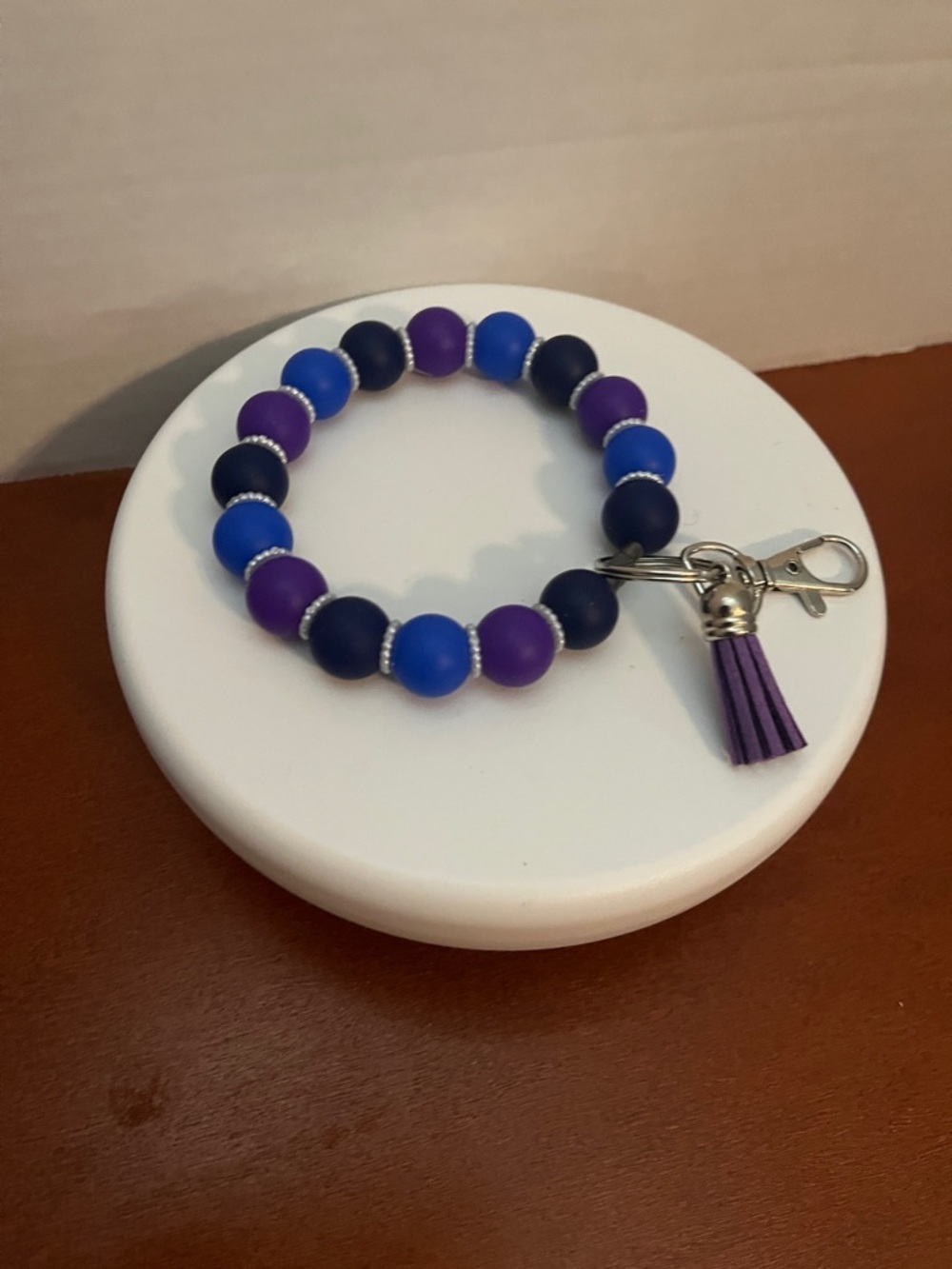 Beaded Keyring Bracelet with Purple and Blue Beads and Tassel
